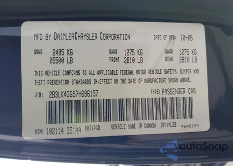 2007 Dodge Charger from USA, damaged, VIN 2B3LK43G57H696157